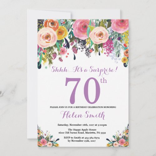 Floral Surprise 70th Birthday Invitation Purple