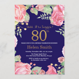 Floral Surprise 80th Birthday Gold Glitter Blue Invitation