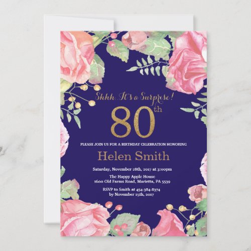 Floral Surprise 80th Birthday Gold Glitter Blue Invitation