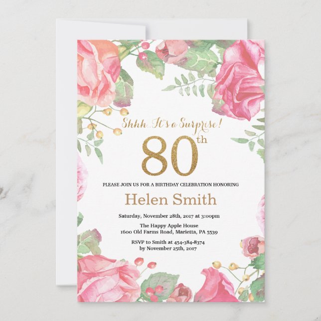 Floral Surprise 80th Birthday Gold Glitter Invitation (Front)