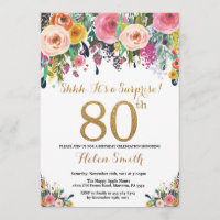 Floral Surprise 80th Birthday Invitation Gold