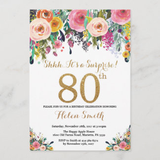 Floral Surprise 80th Birthday Invitation Gold