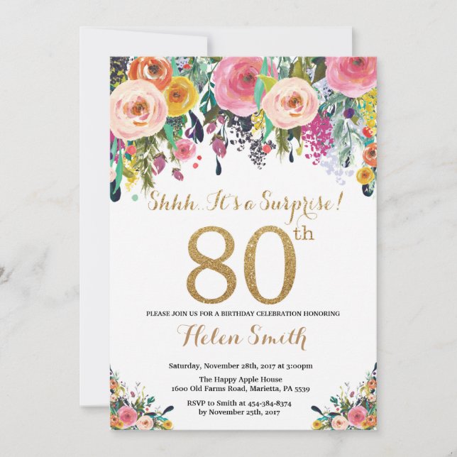 Floral Surprise 80th Birthday Invitation Gold (Front)