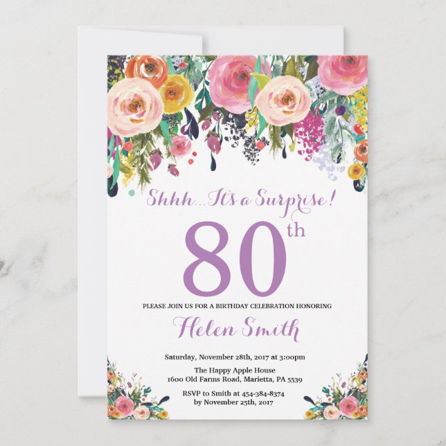 Floral Surprise 80th Birthday Invitation Purple (Front)