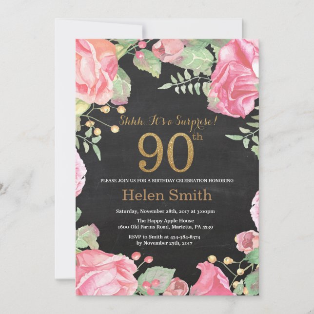Floral Surprise 90th Birthday Gold Glitter Invitation (Front)