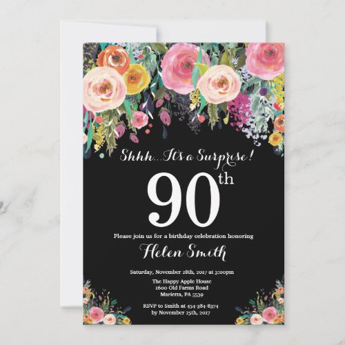 Floral Surprise 90th Birthday Invitation