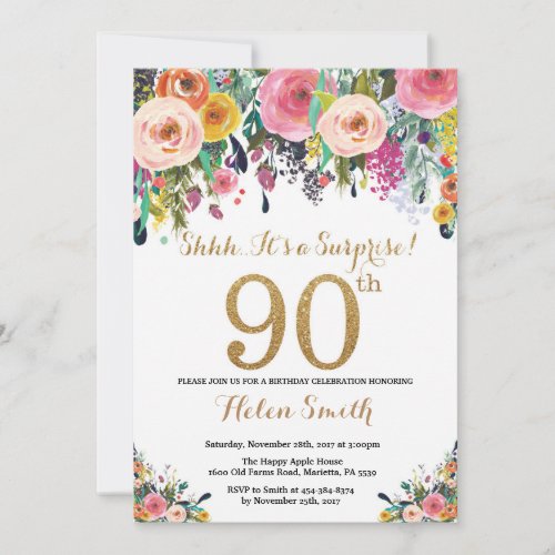 Floral Surprise 90th Birthday Invitation Gold