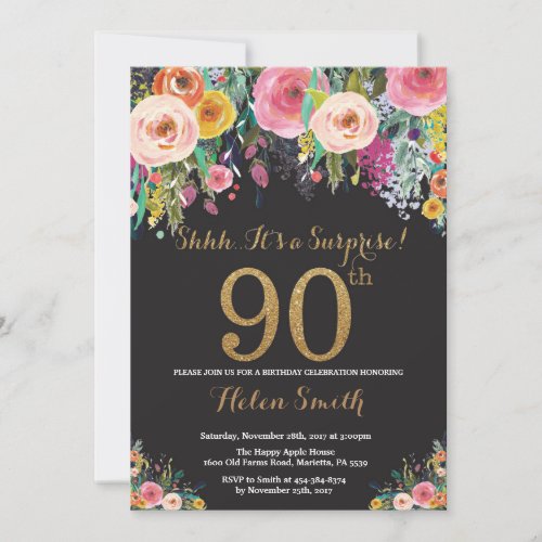 Floral Surprise 90th Birthday Invitation Gold