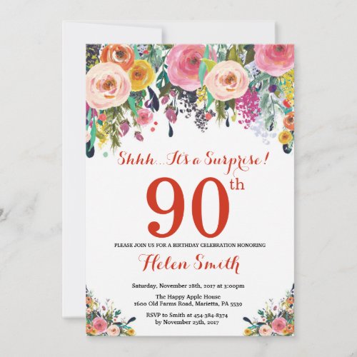 Floral Surprise 90th Birthday Invitation Red