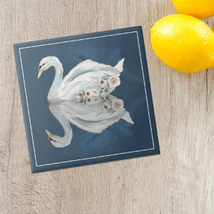 Floral Swan Blue Reflection Ceramic Tile
