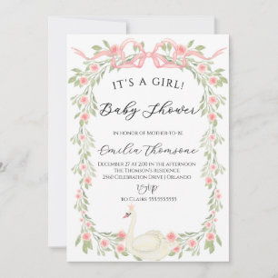 Floral Swan Blush Pink Ribbon Baby Shower Invitation