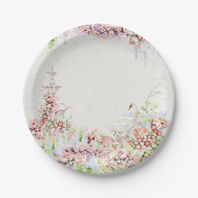 floral swan chic calligraphy bridal shower paper plates (Front)