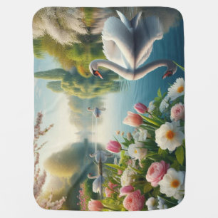 Floral swan lake spring artwork baby blanket
