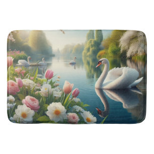 Floral swan lake spring artwork bath mat