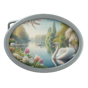 Floral swan lake spring artwork belt buckle