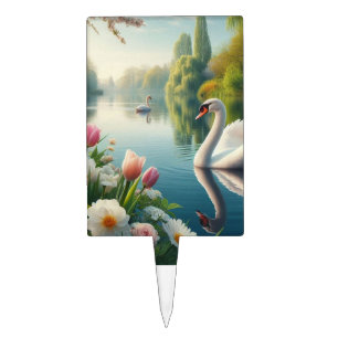 Floral swan lake spring artwork cake topper