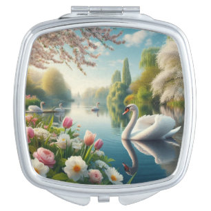Floral swan lake spring artwork compact mirror