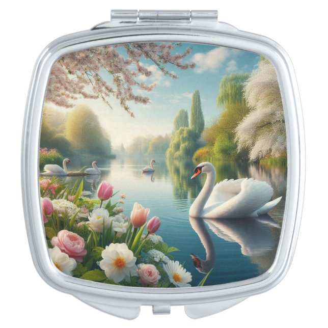 Floral swan lake spring artwork compact mirror (Front)