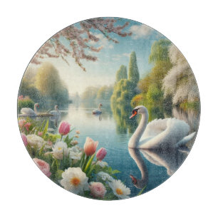 Floral swan lake spring artwork cutting board