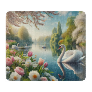 Floral swan lake spring artwork cutting board