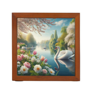 Floral swan lake spring artwork desk organizer