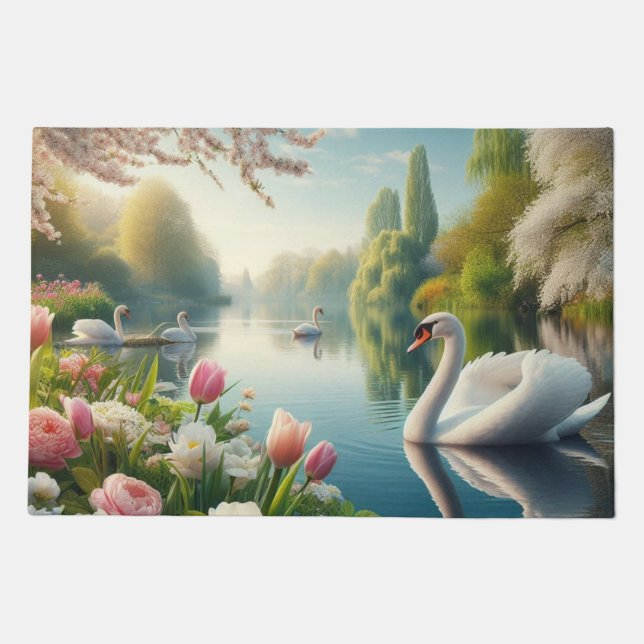 Floral swan lake spring artwork doormat (Front)