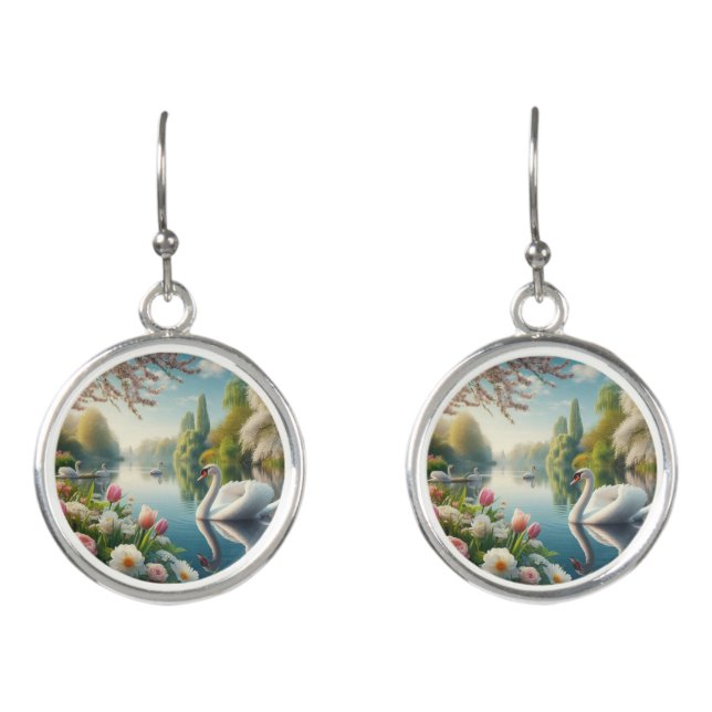 Floral swan lake spring artwork earrings (Front)