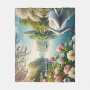 Floral swan lake spring artwork fleece blanket