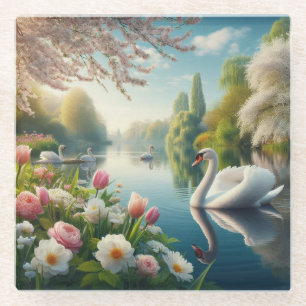 Floral swan lake spring artwork glass coaster