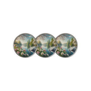 Floral swan lake spring artwork golf ball marker