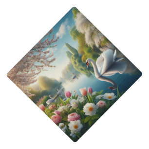 Floral swan lake spring artwork graduation cap topper