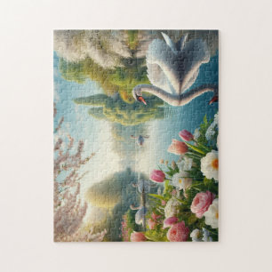 Floral swan lake spring artwork jigsaw puzzle