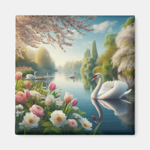 Floral swan lake spring artwork magnet
