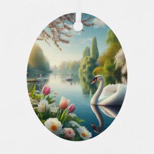 Floral swan lake spring artwork metal ornament