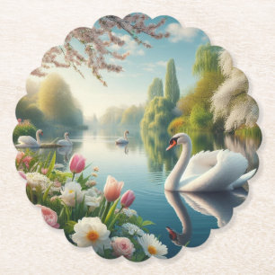 Floral swan lake spring artwork paper coaster