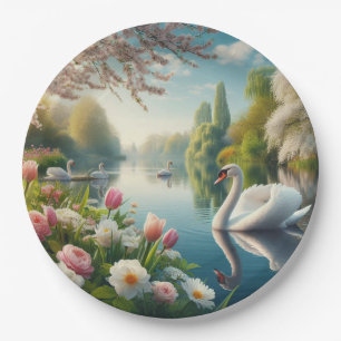 Floral swan lake spring artwork paper plates