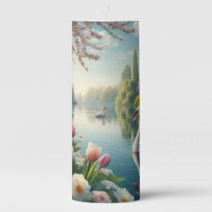 Floral swan lake spring artwork pillar candle