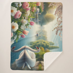 Floral swan lake spring artwork sherpa blanket