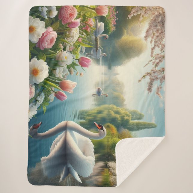 Floral swan lake spring artwork sherpa blanket (Front)