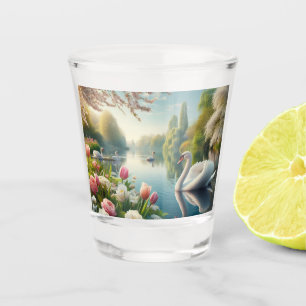 Floral swan lake spring artwork shot glass