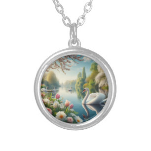 Floral swan lake spring artwork silver plated necklace