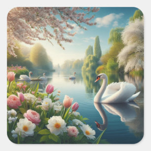 Floral swan lake spring artwork square sticker