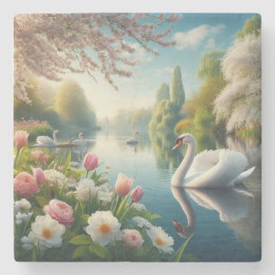 Floral swan lake spring artwork stone coaster
