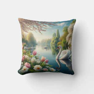 Floral swan lake spring artwork throw pillow