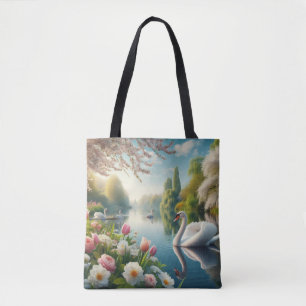 Floral swan lake spring artwork tote bag