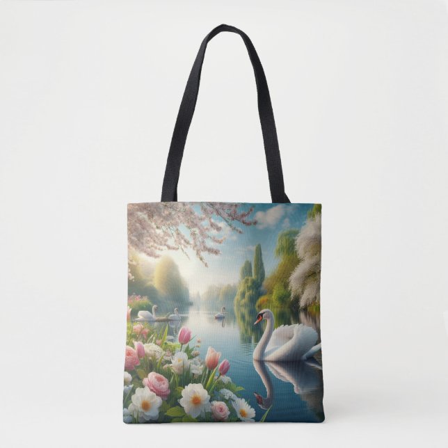 Floral swan lake spring artwork tote bag (Front)