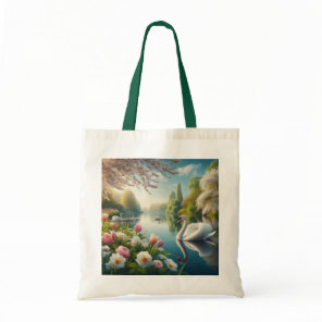 Floral swan lake spring artwork tote bag