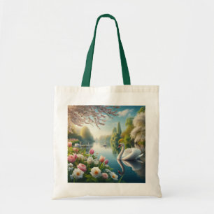 Floral swan lake spring artwork tote bag