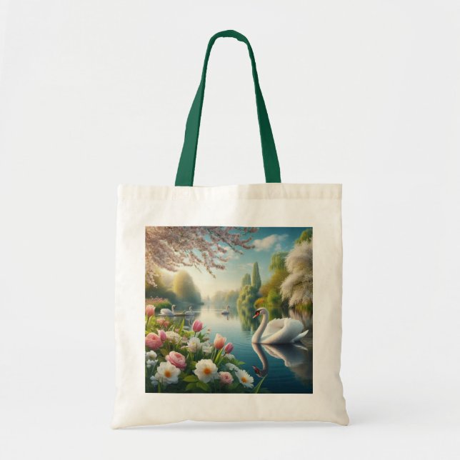 Floral swan lake spring artwork tote bag (Front)