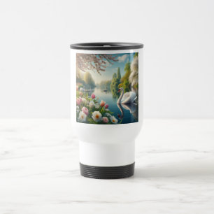 Floral swan lake spring artwork travel mug